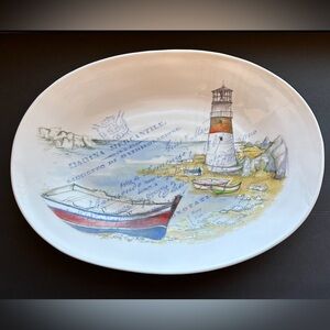 Large 17” Italian Pottery Platter Coastal Seaside Marina Boat & Lighthouse